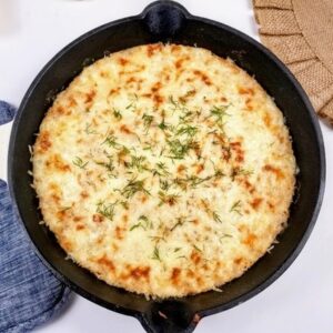 hot smoked tuna dip in a cast iron skillet