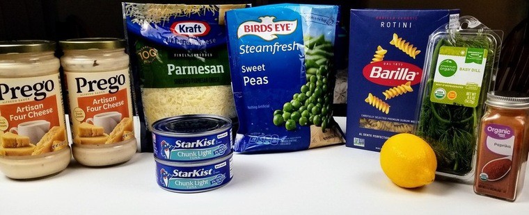 ingredients for tuna pasta on a white counter