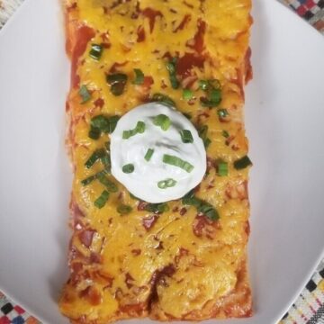 2 cheesy chicken enchiladas with red sauce on a plate with sour cream and green onions
