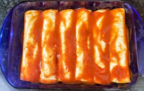 six unbaked chicken enchiladas rolled up in a baking dish covered with red sauce