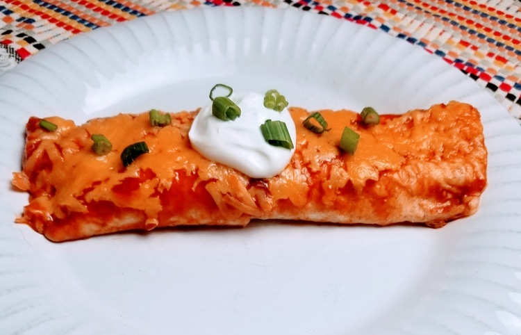 one cheesy chicken enchilada with red sauce on a white plate with sour cream and green onions