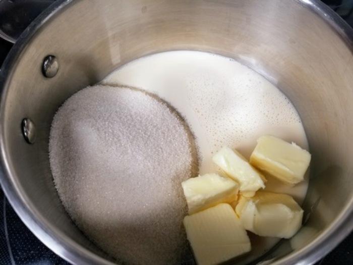 milk, butter, sugar in a pan
